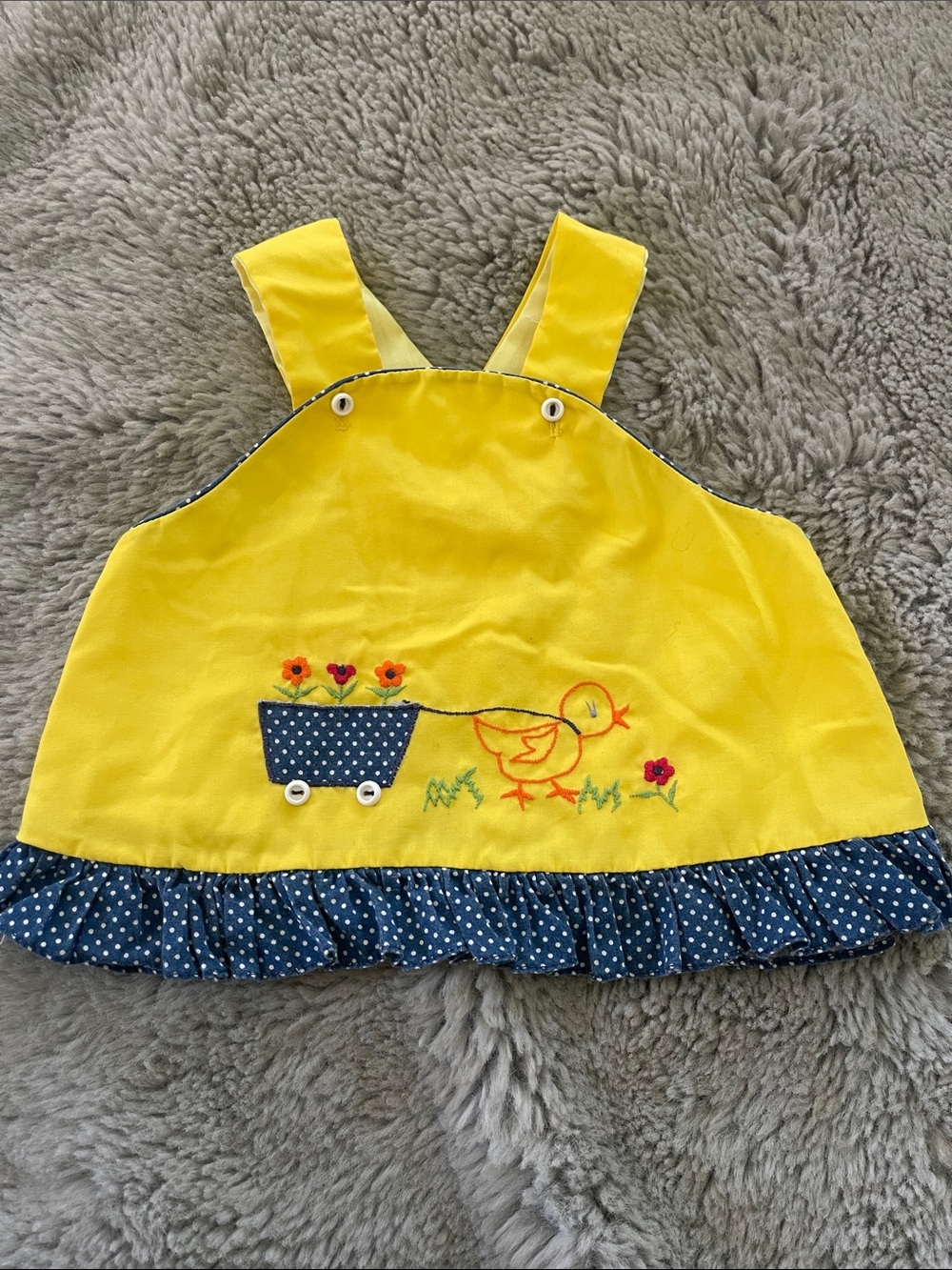Vintage Baby Girl Dress Top Yellow Chick Embroidered Kids Pinafore Sz 12/18M